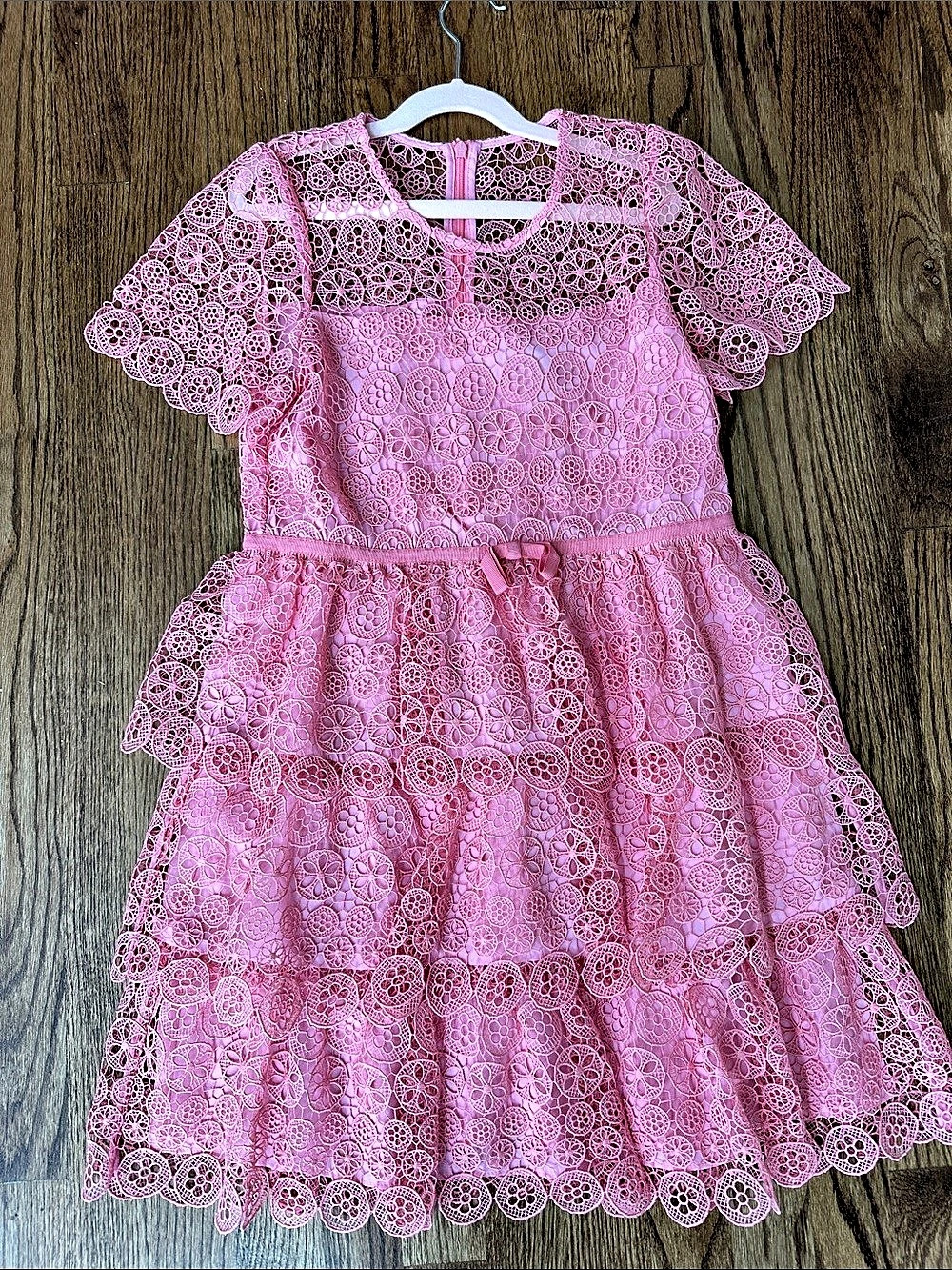 Self-Portrait Bow-Detail Tiered Lace Dress Pink Mini Dress